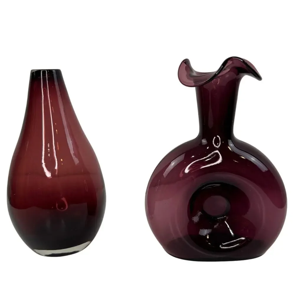 Set 2 Vintage BLENKO Pinched Donut Purple Amethyst Tulip Vase Glass Teardrop MCM